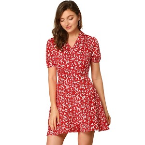 Allegra K Women's Button Up Short Sleeve A-Line Chiffon Vintage Floral Shirt Dress - 1 of 4
