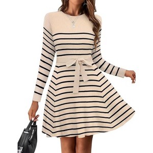Zeagoo Women's Fall Winter Casual Dress Crewneck Long Sleeve A-Line Sweater Dress Bodycon Ribbed Knit Dress with Belt - 1 of 4