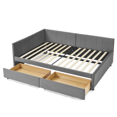 Tiramisubest Full Size Bed Frame Tufted Daybed Velvet Upholstered Frame Storage Drawers Living Room Bedroom Eucalyptus Wood Frame
