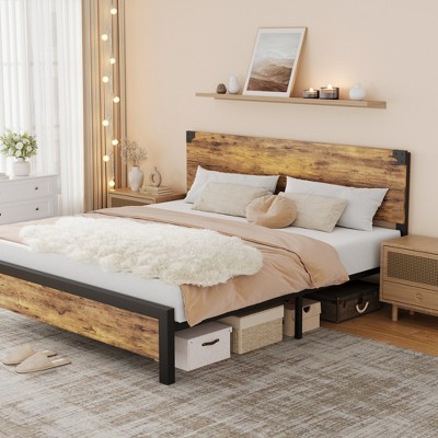 Platform Bed Frame with Wooden Headboard, Under-Bed Storage & Metal Legs Rustic Brown, Noise-Free, No Box Spring Needed, Easy Assembly