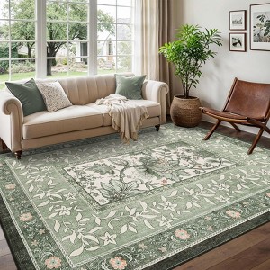 Modern Farmhouse Floral Washable Area Rug for Living Room Machine Washable Non Slip Ultra Thin Low Pile Floor Cover for Bedroom Kitchen Kid's Room - 1 of 4