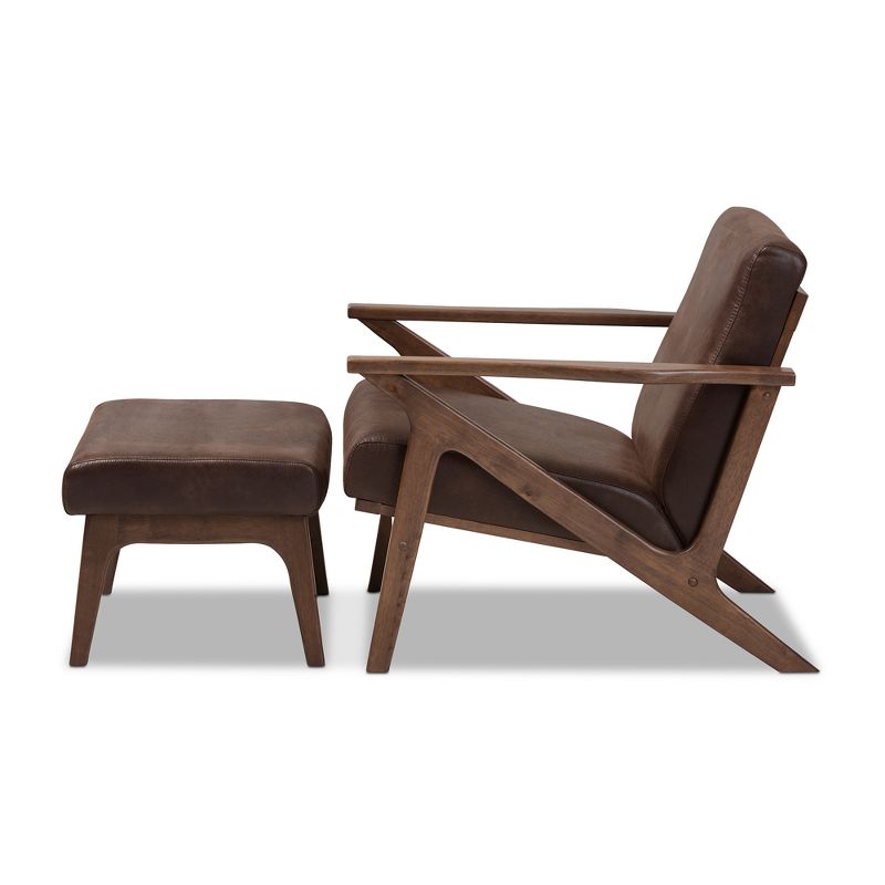 Bianca Mid Century Modern Walnut Wood Distressed Faux Leather Lounge Chair and Ottoman Set Dark Brown - Baxton Studio, 4 of 10