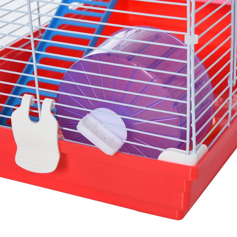 PawHut 18.5" Hamster Cage with Exercise Wheel and Water Bottle Dishes, Rat House and Habitats 2-Story Design, Red, 5 of 7