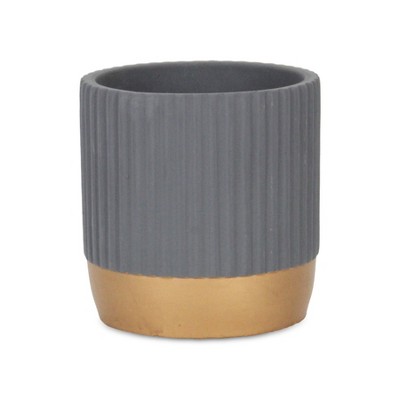 Cheung's Aurone Round Ridged Ceramic Pot with Gold Finished Base - Large - Gray