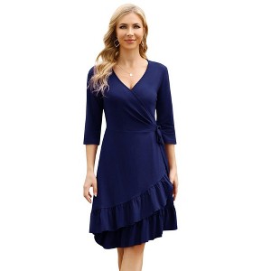 Women's Wrap Dress 3/4 Sleeve Midi Dresses for Women Sexy V Neck Ruffle Party A-Line Floral Flowy with Belt - 1 of 4