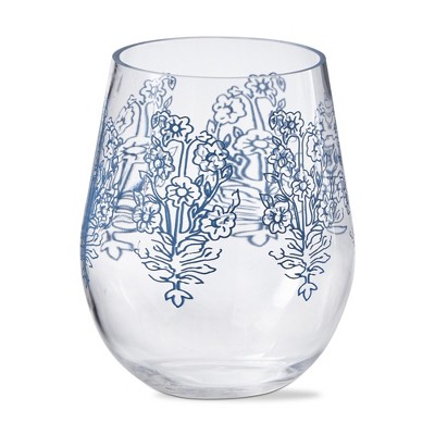 TAG 18 oz. Cottage Blue and White Floral Acrylic Stemless Hand Wash Beverage Glassware Dinner Party Wedding Restaurant