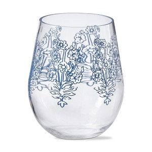 TAG 18 oz. Cottage Blue and White Floral Acrylic Stemless Hand Wash Beverage Glassware Dinner Party Wedding Restaurant - 1 of 2