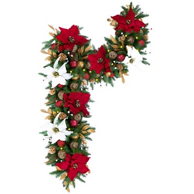 Easy Treezy Indoor Artificial 6 Foot Pre Lit Decorated Holiday Christmas Garland with White Lights, Poinsettias, Christmas Ornaments, and Pine Cones