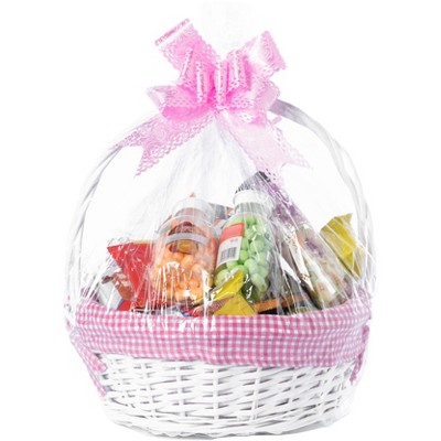 White Wicker Round Basket with Pink Gingham Liner