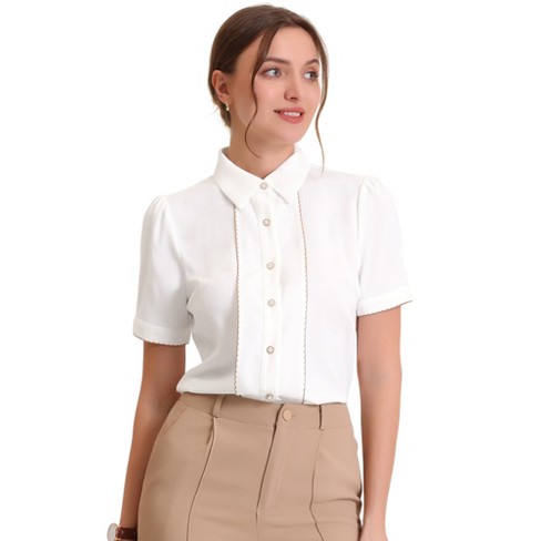 Allegra K Women's Contrast Trim Point Collar Puff Short Sleeve Button Down  Shirt White Small