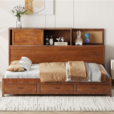 1pc Wooden Daybed, Solid Wood Frame with USB Ports and 3 Storage Drawers, No Box Spring Required - Baofuwish