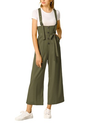 Allegra K Women's High Waist Wide Leg Belted Button Long Overalls Jumpsuit