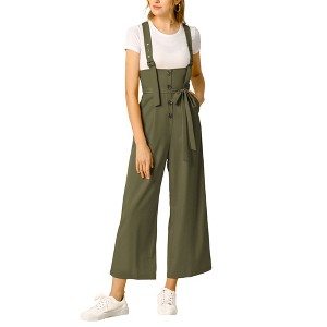 Allegra K Women's High Waist Wide Leg Belted Button Long Overalls Jumpsuit - 1 of 4