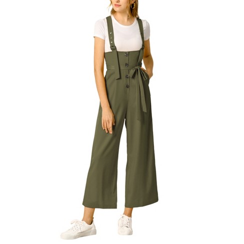 Allegra K Women's High Waist Wide Leg Belted Button Long Overalls ...