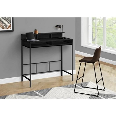 Gray Wood Standing Desk with Hutch and Black Metal Legs