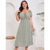 Coolmee Women's Summer Floral Plus Size Dress Square Neck Puff Sleeve Boho Maxi Dresses Tie Front High Waist Split Long Dress - 2 of 4