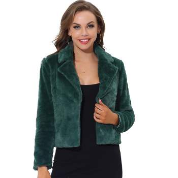 Allegra K Women's Autumn Winter Cropped Notch Lapel Faux Fur Fluffy Jacket