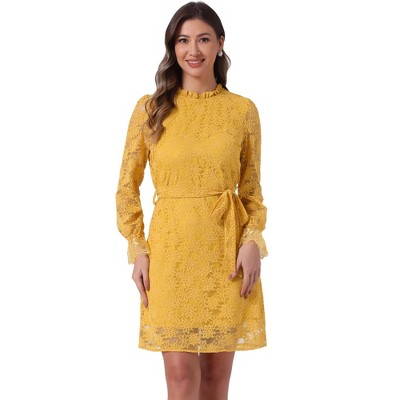 Allegra K Women's Elegant Ruffle Crew Neck Formal Elegant Mini Floral Lace Dress