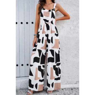 I AM A FASHION JUNKY Geo Print Smocked Sleeveless Pockets Jumpsuit