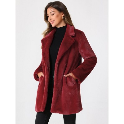 Allegra K Women's Lapel Collar Faux Fur Fuzzy Winter Long Overcoat with Pockets X-Small Red — фото 3