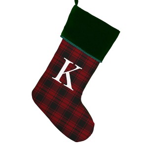 Personalization Mall Christmas Plaid Initial Christmas Stocking, Green Cuff - 1 of 2