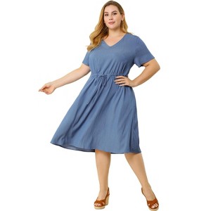 Agnes Orinda Women's Plus Size Tie Waist Short Sleeve Solid Chambray Casual Shirt Dresses - 1 of 4