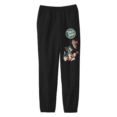 Tom & Jerry Tom Playing A Guitar With Jerry And Title Logo Youth Black  Graphic Jogger Pants-medium : Target