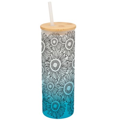 Elanze Designs Sunflower Summer Flower Garden Wrap-Around Design 25 Ounce Frosted Gradient Glass On-The-Go Coffee Travel Skinny Tumbler Mug Cup,
