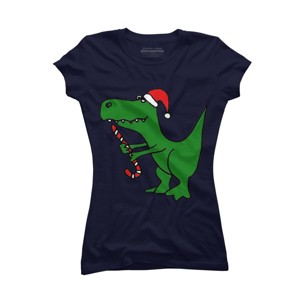 Junior's Design By Humans Funny Christmas Green T-rex Dinosaur By SmileToday T-Shirt - 1 of 3