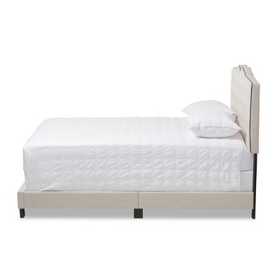 Light Beige Upholstered Full Bed with Tufted Headboard and Drawers