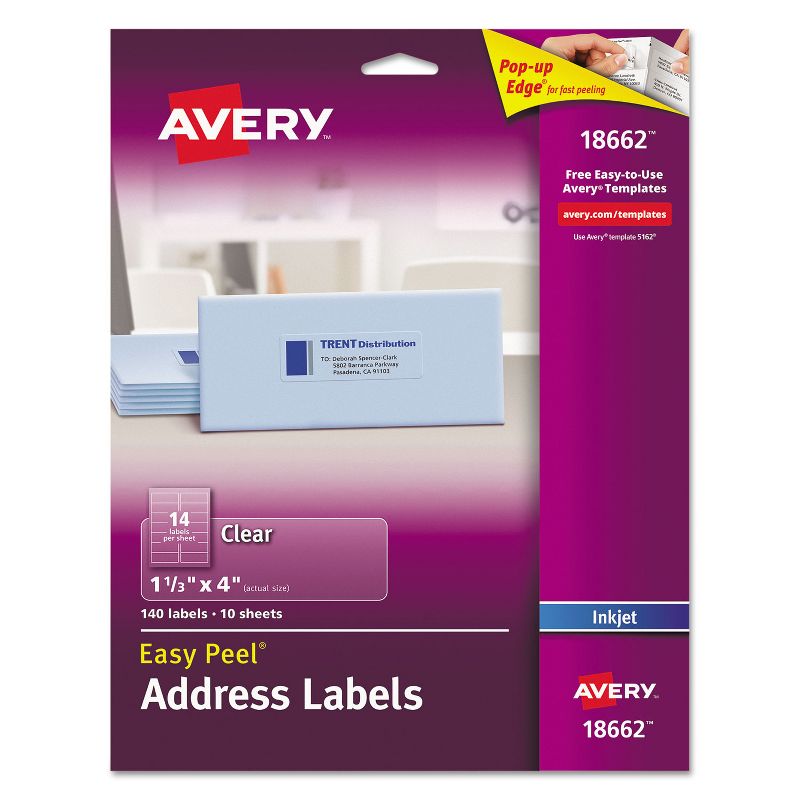 Avery Clear Easy Peel Mailing Labels Inkjet 1 1/3 x 4 140/Pack 18662, 1 of 9