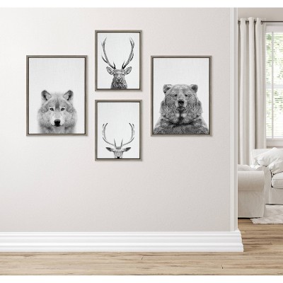 Gray Framed Black and White Wildlife Canvas Wall Art Set