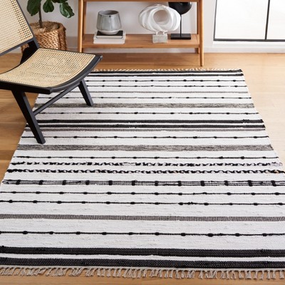 Ivory and Black Striped Wool Cotton 4' x 6' Area Rug