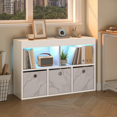 Pinmoco 5-Cube Kid's Bookshelf LED Toy Storage Organizer with Three Marbled Fabric Drawers