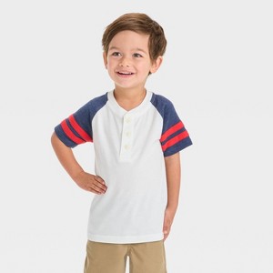 OshKosh B'gosh Toddler Boys' Short Sleeve Henley T-Shirt - Cream/Navy Blue - 1 of 3