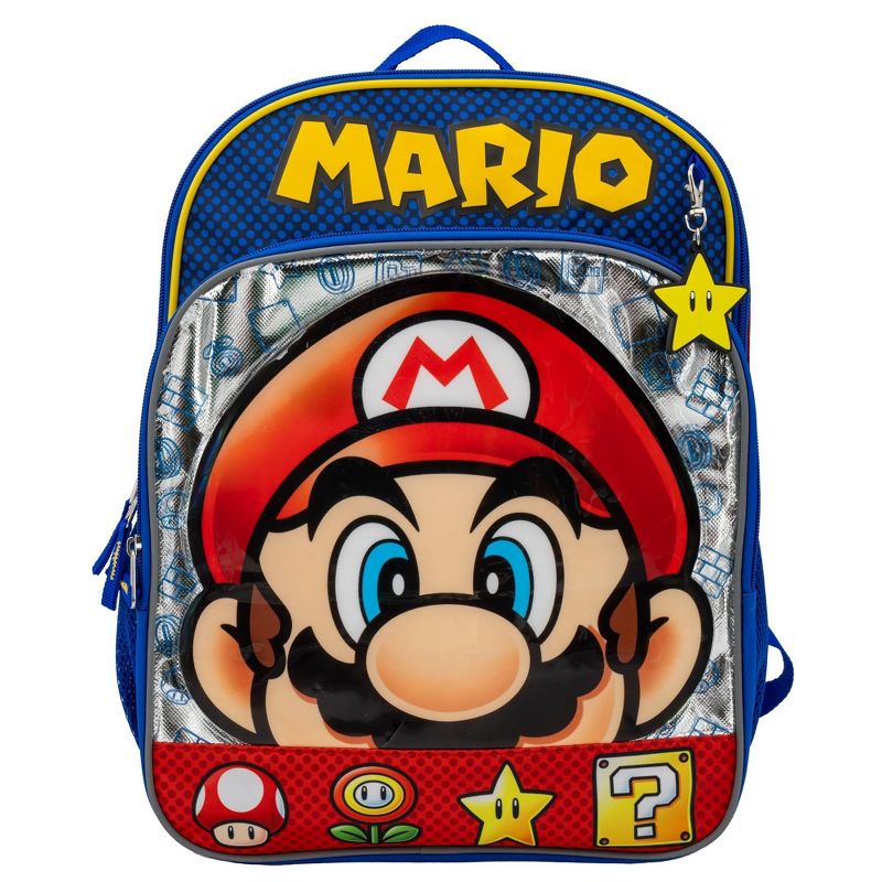 Super Mario Brothers Backpack, 16â€ Nintendo School Bag Featuring a Big Face Mario, Blue & Red