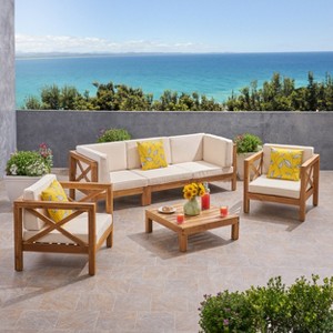 Christopher Knight Home Sandy 6 piece Outdoor Acacia Wood Sectional Seating Set with Water-Resistant Cushions - 1 of 4