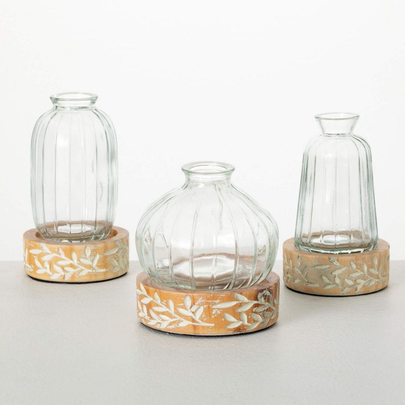 Sullivans 5", 6" & 5.5" Embossed Wood & Glass Vase Set of 3, 1 of 4