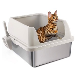 Allforpaws Enclosed Stainless Steel Cat Litter Box, Sand, 20 x 16 x 11.8  Inch