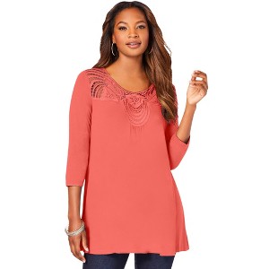Roaman's Women's Plus Size Lace Embellished Swing Ultra Femme Top - 1 of 4