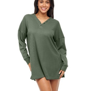 ADR Women's Pajamas Set, Soft Ribbed Knit Waffle Oversized Sleep Shirt, V-neck Nightshirt Sweater Top - 1 of 4