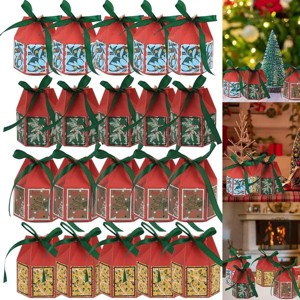20 Pcs Christmas Candy Boxes, Colorful Gift Treat Boxes with Ribbon for Holiday Party, Xmas Gift Wrapping with Snowflake & Tree Design - 1 of 4