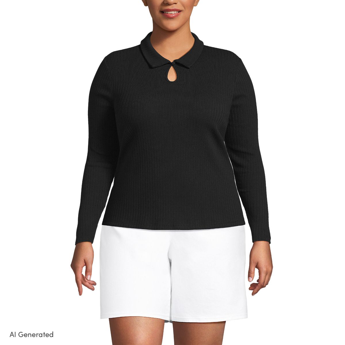 Lands' End Women's Long Sleeve Pointelle Rib Keyhole Polo Top