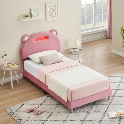 Whizmax Twin Bed Frame Upholstered Platform with LED Lights and Headboard,  No Box Spring Needed/Easy Assembly, Pink