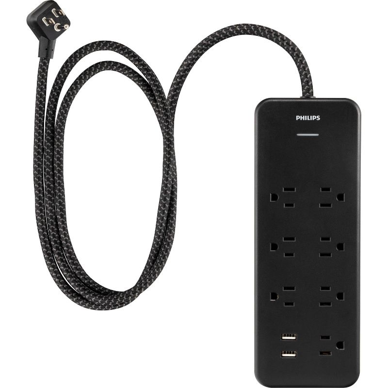 Philips 7-Outlet Surge 4&#39; Braided Cord 1500J 2 USBA Adaptor Spaced - Black, 6 of 11