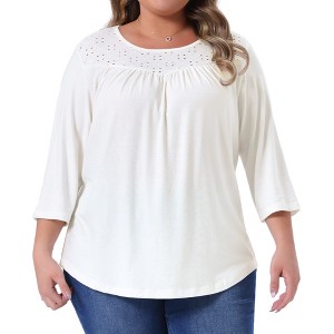 Women's Plus Size Crochet Lace Detail Curvy Hem 3/4 Sleeve Solid Casual Tunic Tops - Agnes Orinda - 1 of 4