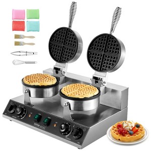 VEVOR Commercial Waffle Maker, Dual-Head Round Waffle Baker Machine, 2460W Non-Stick Stainless Steel Belgian Waffle Iron with Temp and Time Control - 1 of 4