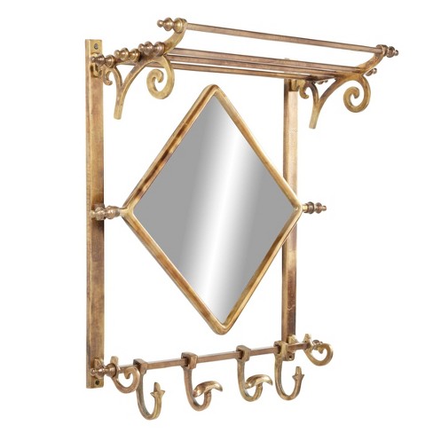 25 x 28 Bathroom Wall Rack with Hooks and Mirror Brass - Olivia & May