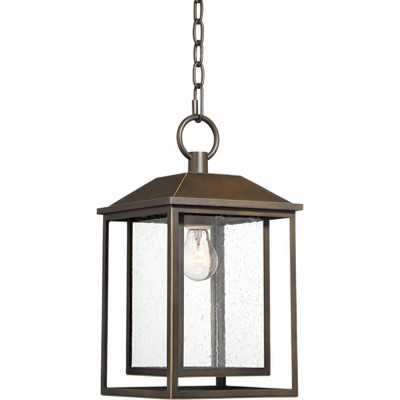 Franklin Iron Works Mission Outdoor Ceiling Light Hanging Bronze 16 3/4" Textured Glass Lantern for Exterior House Porch Patio