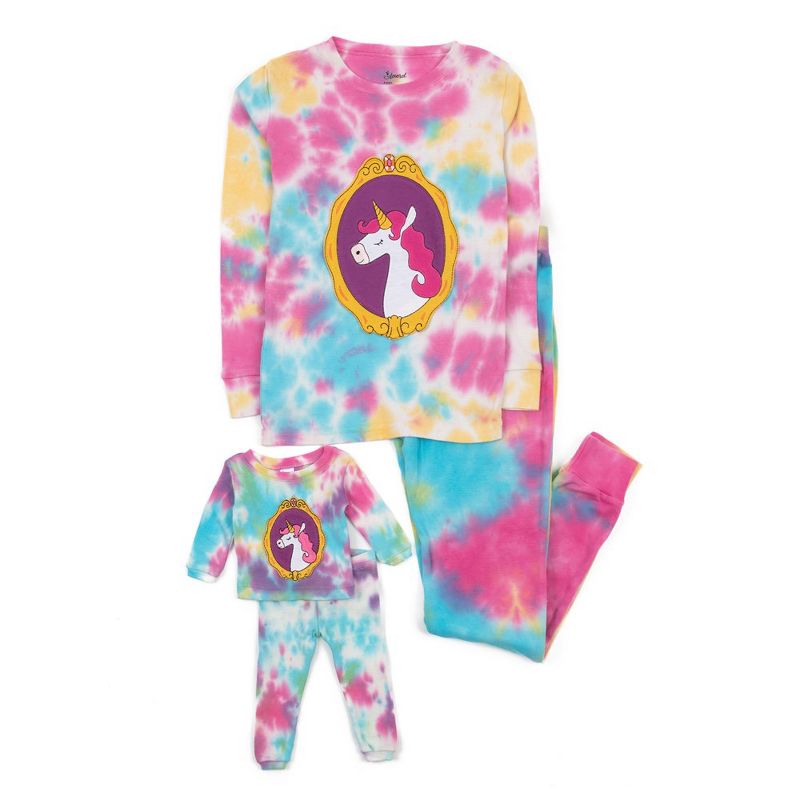 Leveret Girl and Doll Matching Cotton Tie Dye Unicorn Pajamas, 1 of 4